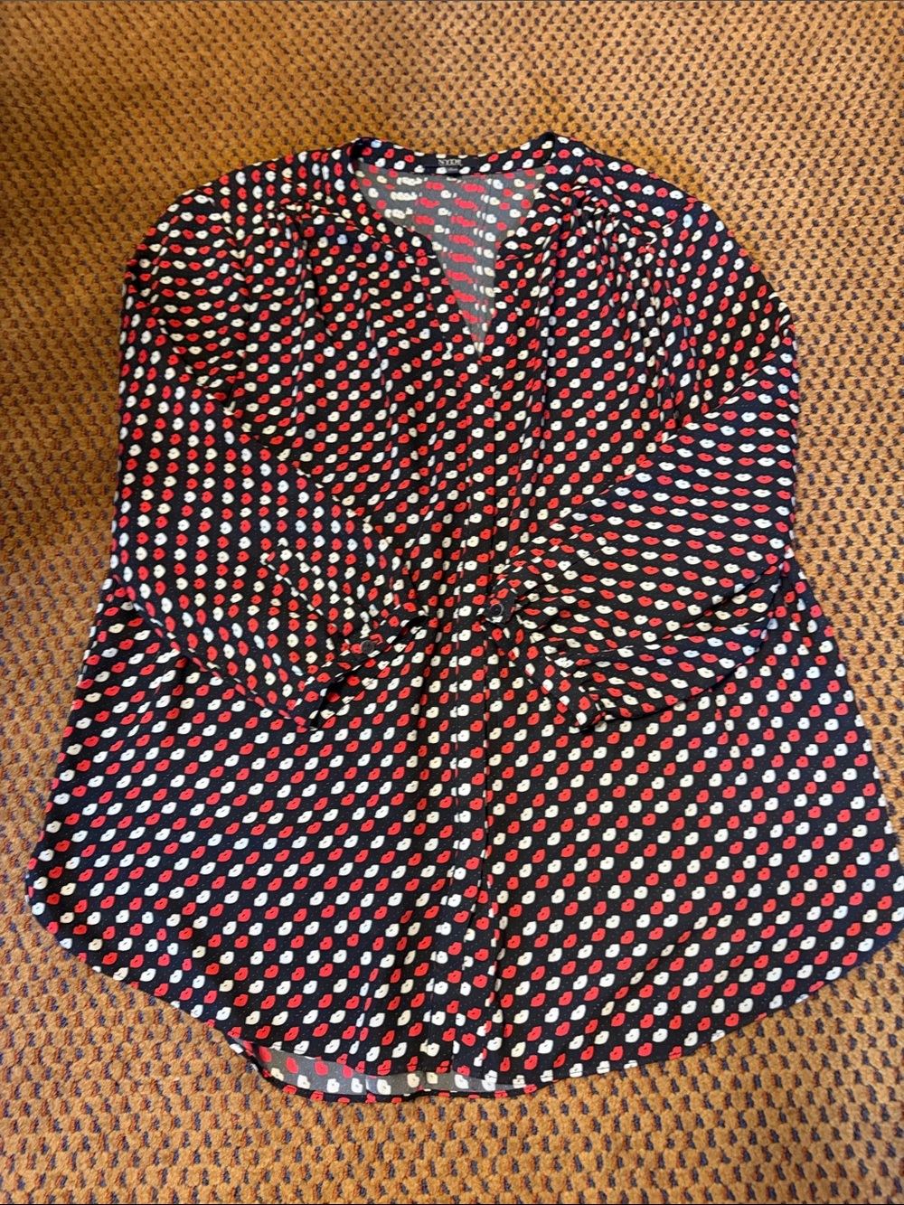 NYDJ Black Blouse with Red and White Dot Teardrop Print